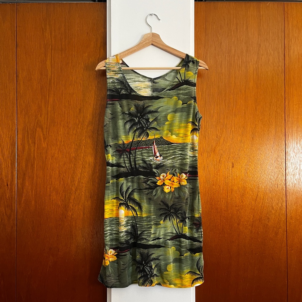 Vintage 90s Green Tropical Print Summer Dress